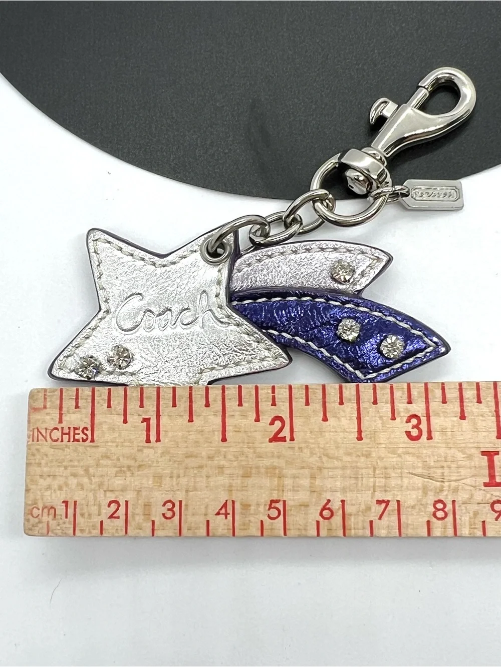 Authentic Coach Shooting Star Metallic Leather Rhinestone Bag Charm Keychain